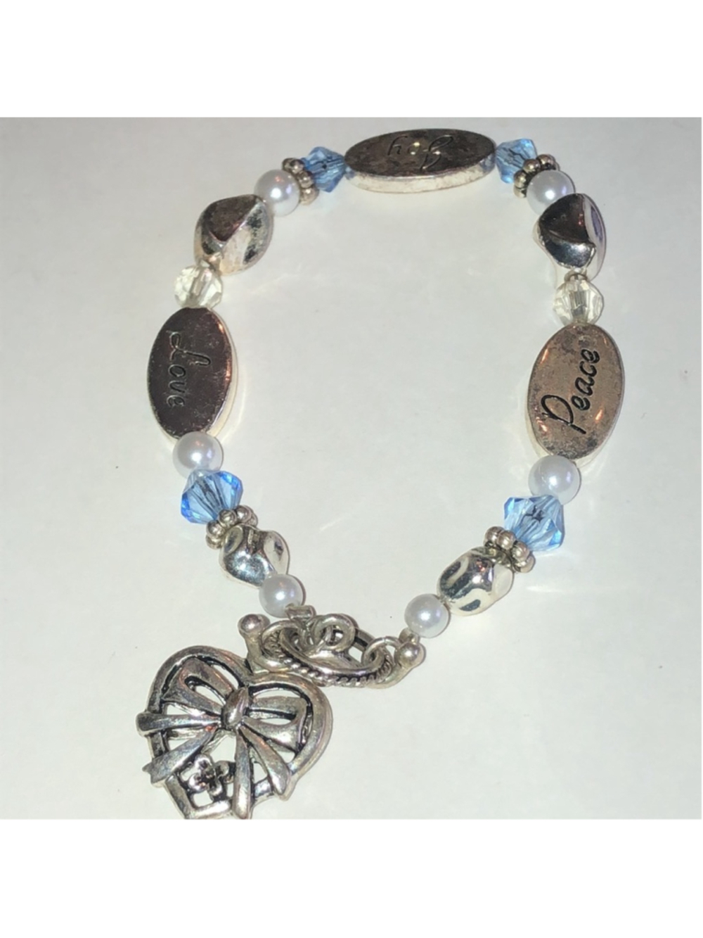 Elegant Silver Tone Blue and Faux Pearl Peace Joy Love Heart Bracelet